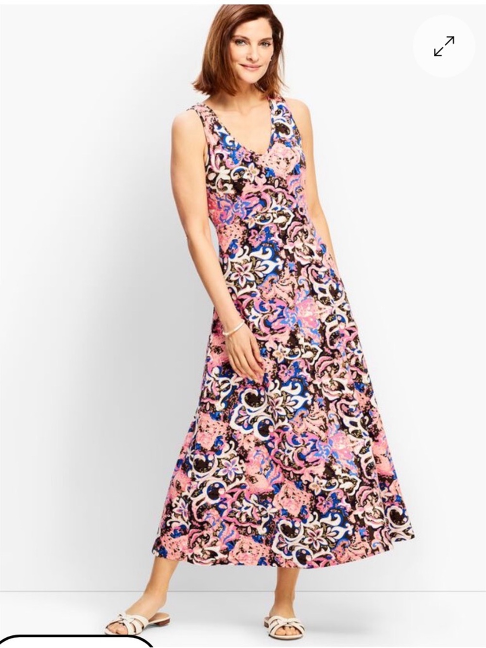 Talbots Casual Summer Scroll Print Maxi Dress Large Pink Blue Jersey A-Line - Picture 3 of 8
